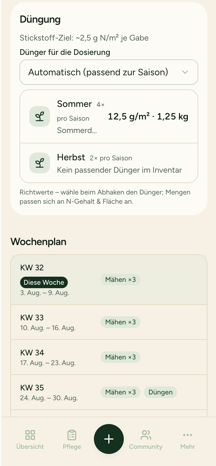 App-Screen: Düngeplan und Wochenplan