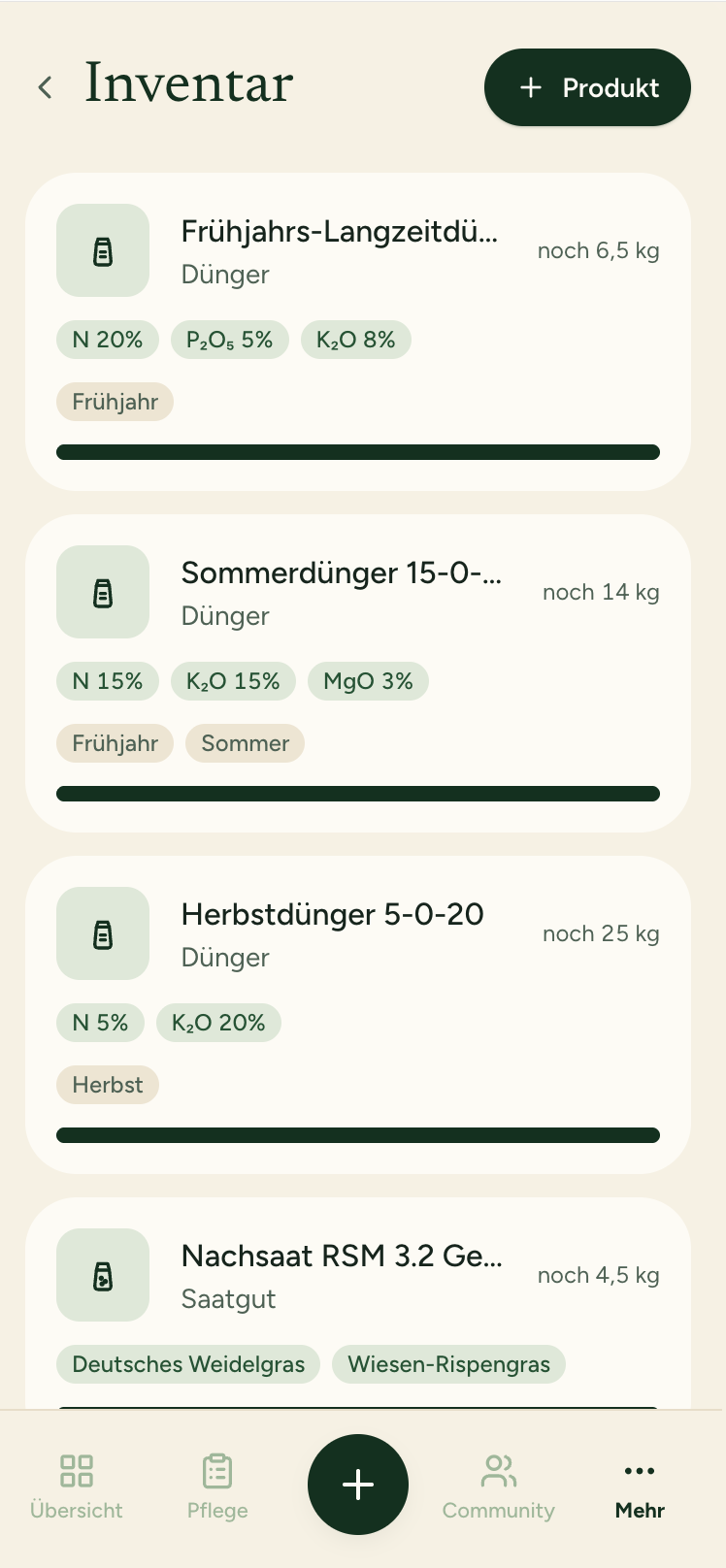Rasen Manager am Handy: Inventar